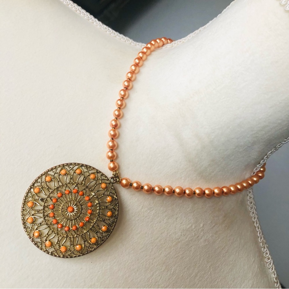 Handcrafted repurpose coral filigree stone pendant Czech glass Pearl necklace